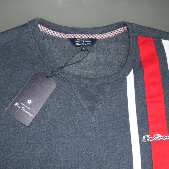 NWT Ben Sherman Original Logo Striped Pullover Fleece Sweatshirt Navy Heather XL - Picture 7 of 7